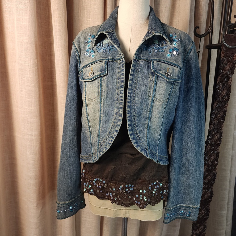 Christine Philippe Denim Jacket 14 Blue Beaded Sequin Embellished Cotton Spandex